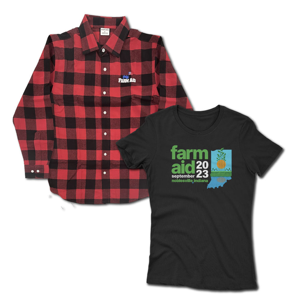 Farm Aid 2023 Women's Festival Logo Tee and Organic Cotton Flannel Shirt Bundle