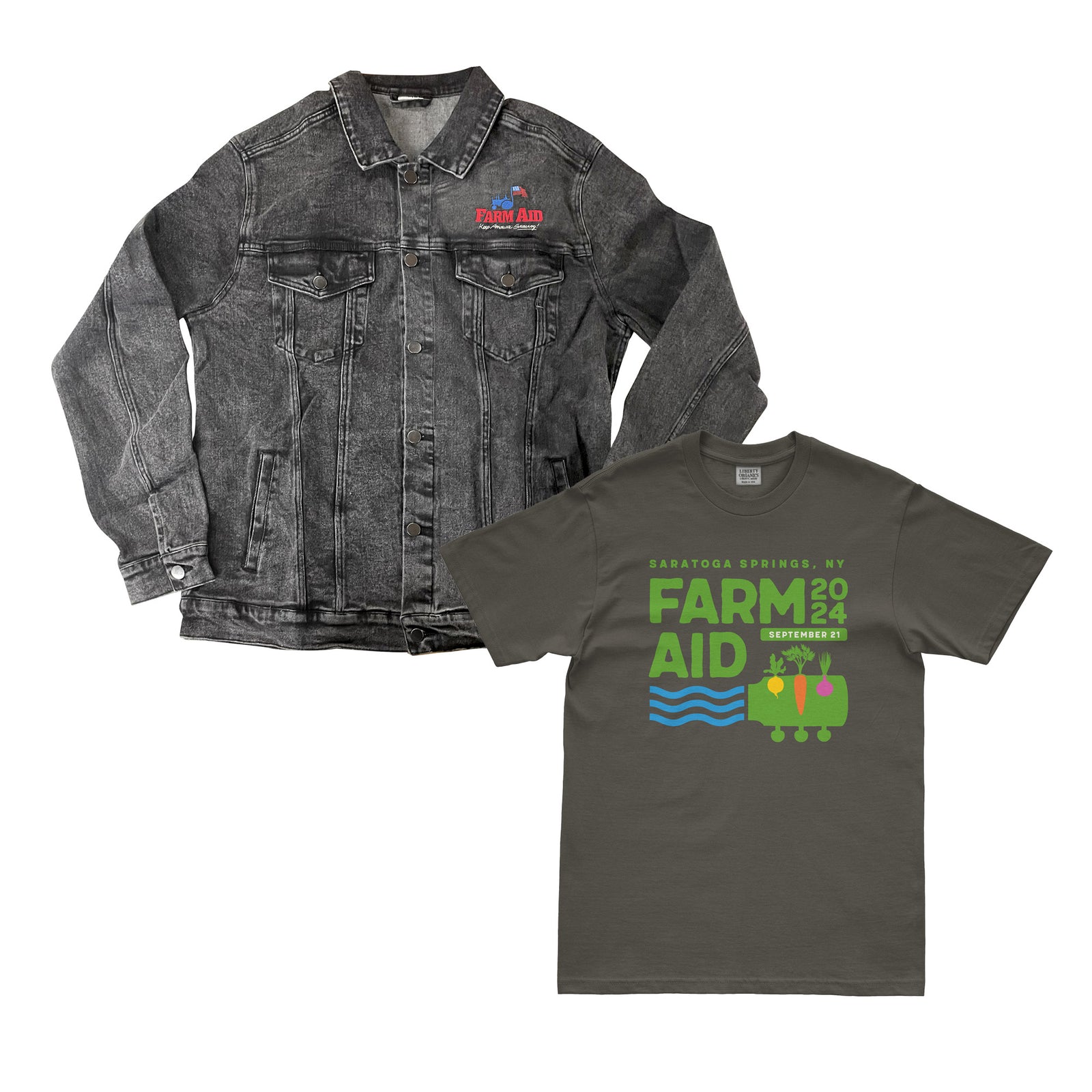 Farm Aid 2024 Festival Logo Tee and Farm Aid Organic Denim Jacket Bundle