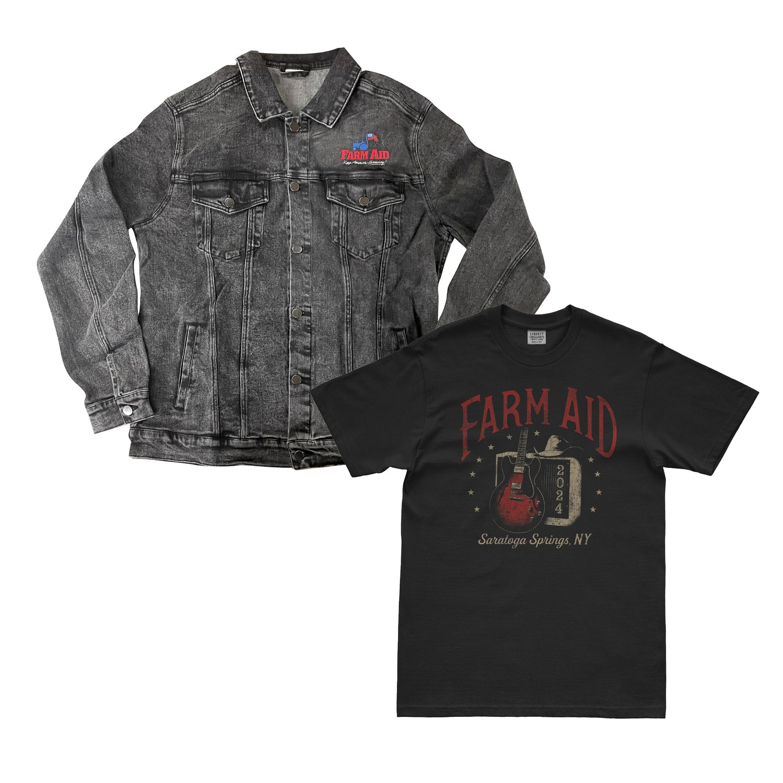 Farm Aid 2024 Guitar & Amp Tee and Farm Aid Organic Cotton Denim Jacket Bundle