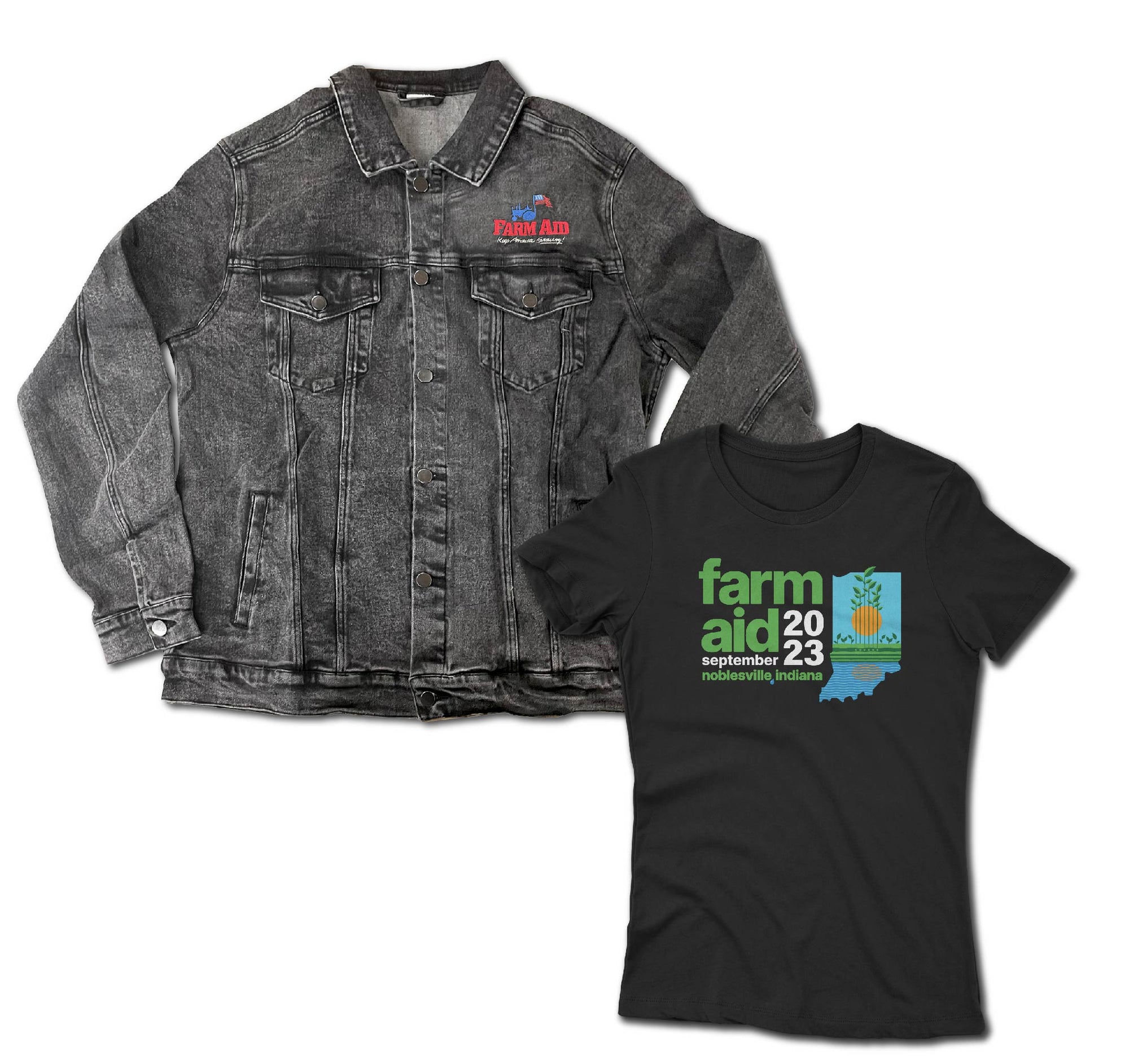 Farm Aid 2023 Festival Logo Women's Tee & Farm Aid Organic Denim Jacket Bundle