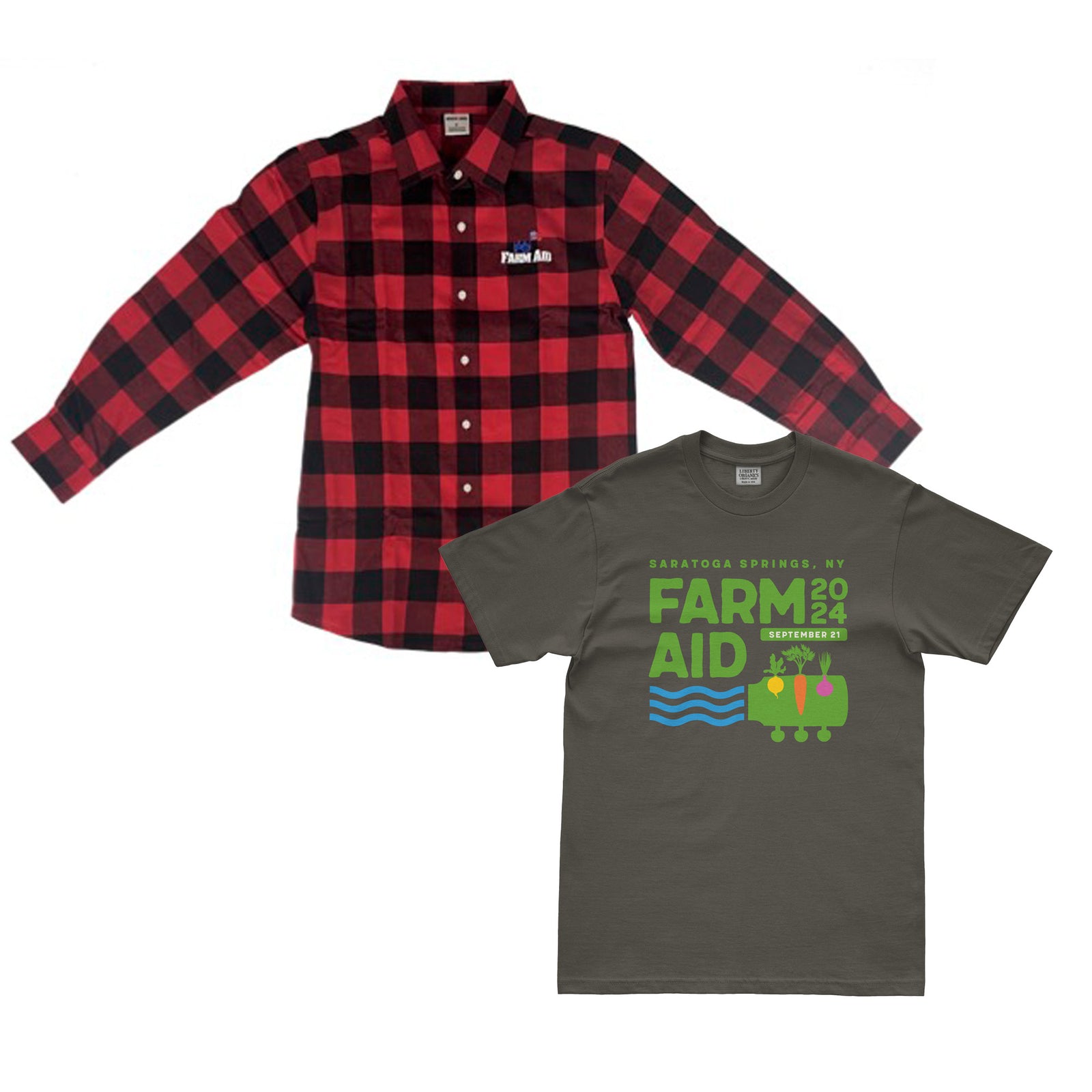 Farm Aid 2024 Festival Tee and Farm Aid Organic Cotton Flannel Shirt Bundle