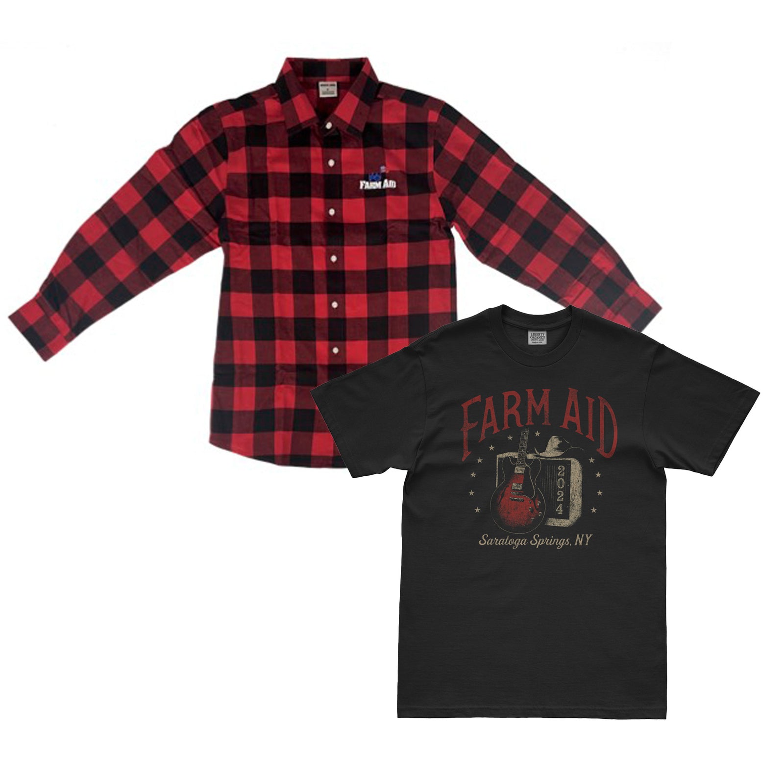 Farm Aid 2024 Guitar & Amp tee and Farm Aid Organic Cotton Flannel Shirt